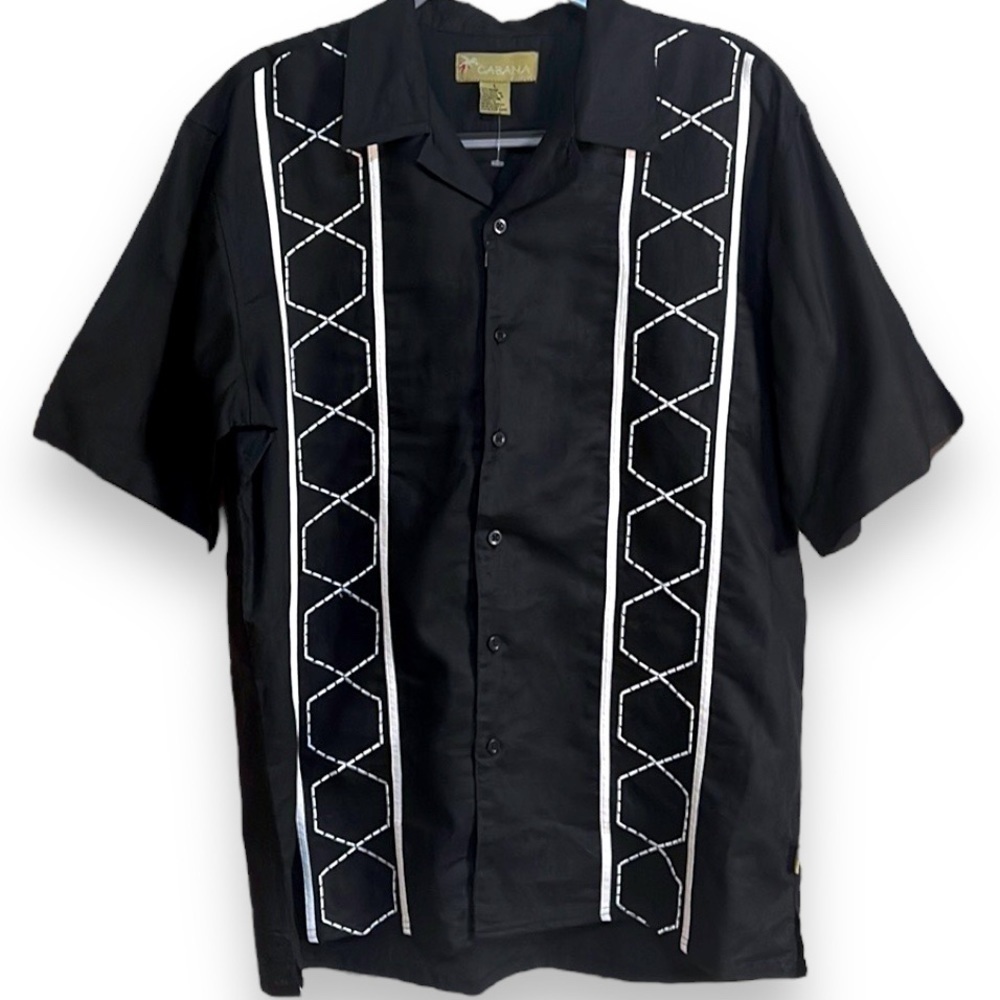 Cabana Black and White Linen Short Sleeve Button Down Men’s Size L, New w/ Tags